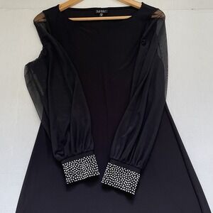 Nicole Miller NWT‎ Classic Black Formal Dress Sheer Sleeves Sparkle Cuff Sz M